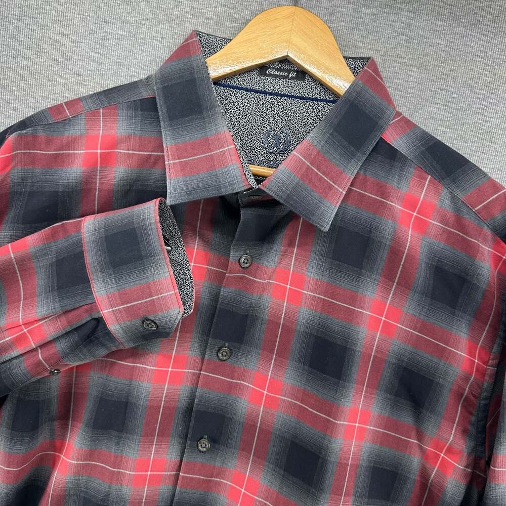 Bugatchi Classic Fit Red & Black Plaid Long Sleeve Button Down Shirt XXL 2XL
